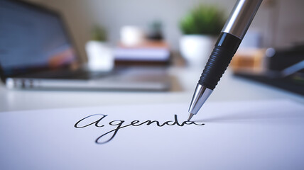 Fototapeta premium Silver pen writing the word Agenda on a white paper with a laptop and plants blurred in the background.