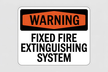 A warning sign alerts to a Fixed Fire Extinguishing System featuring bold black text and an orange warning header on a white background.