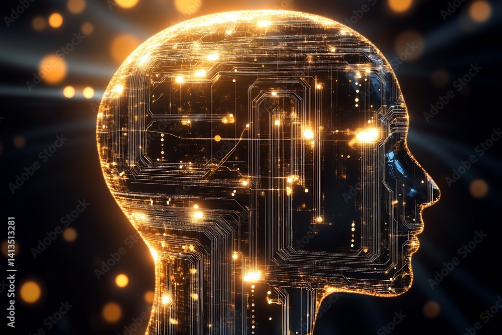 Poster Futuristic Profile of a Digital Human Brain with Glowing Circuits Representing Thought : Generative AI