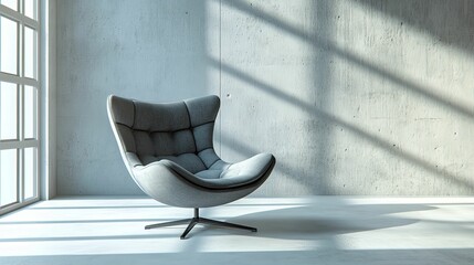 A modern gray upholstered armchair in a minimalist concrete room.