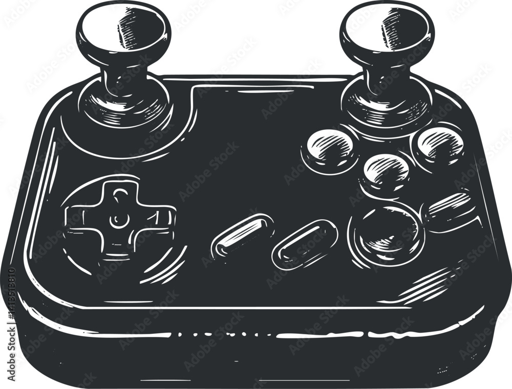 Poster illustration of a vintage gaming controller featuring buttons and joysticks in a simple design