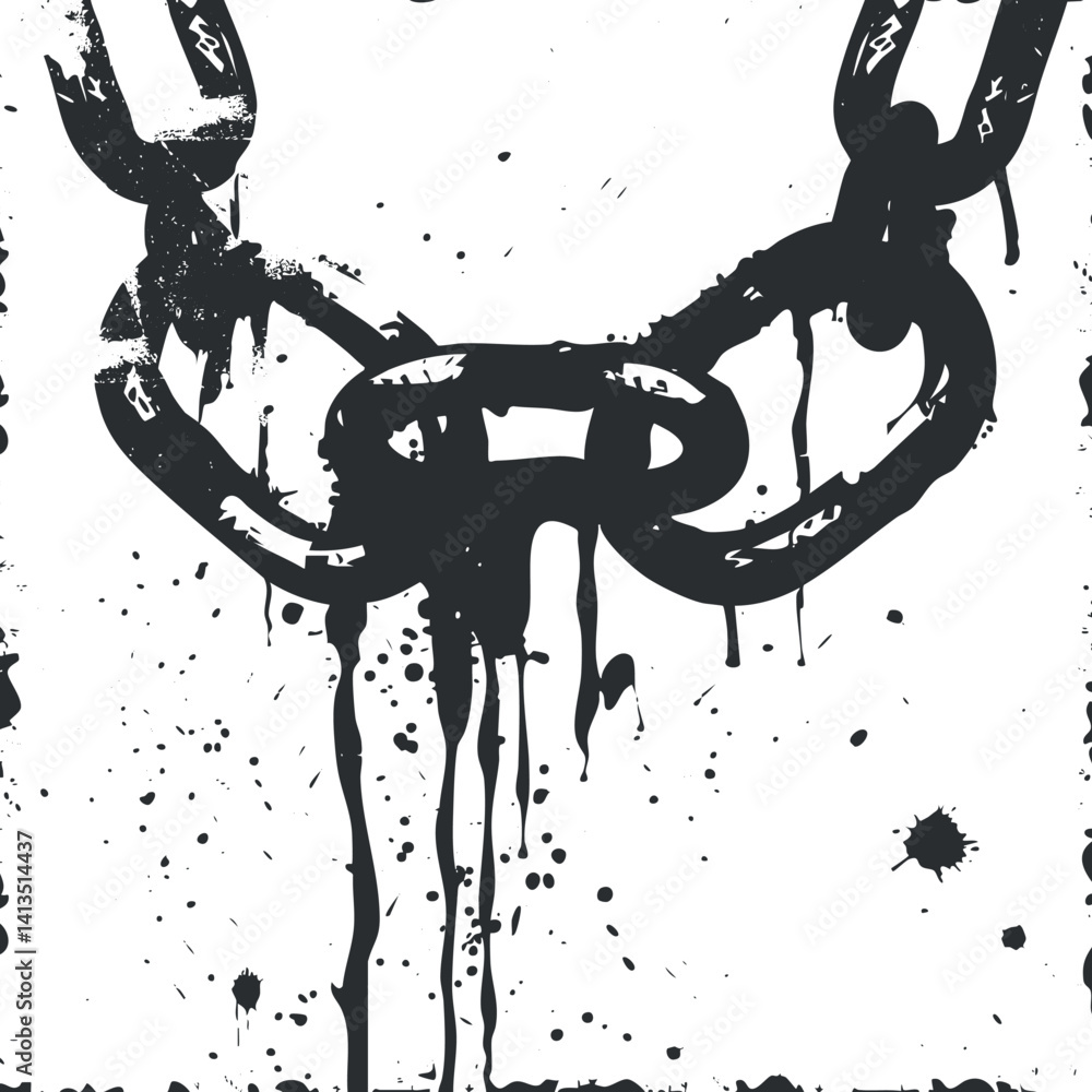 Poster a bold abstract illustration of a broken chain design with a grunge texture and ink splashes.