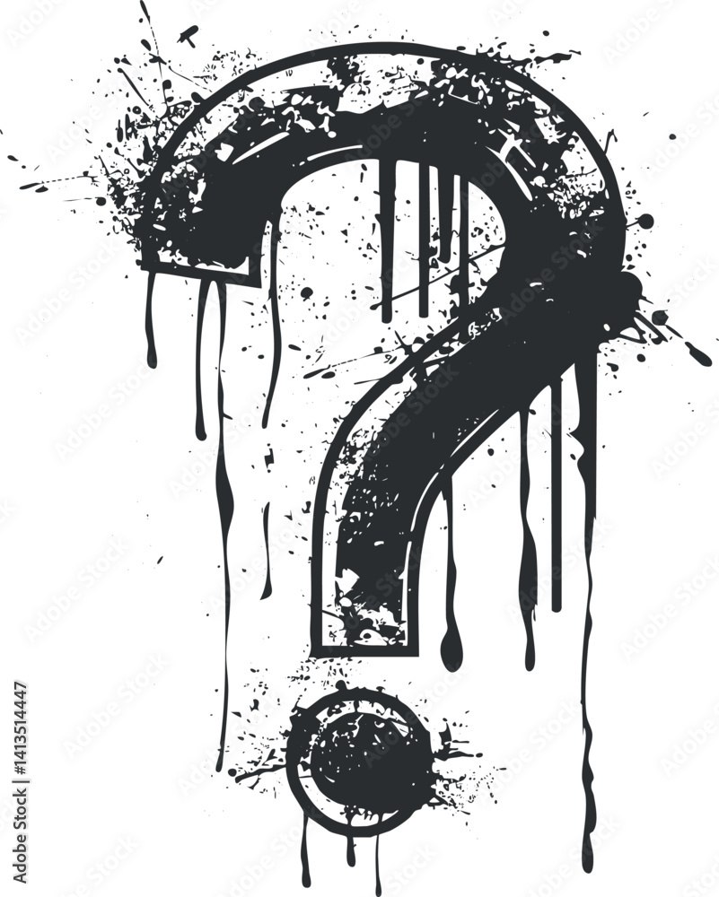 Poster a creative interpretation of a question mark with ink splashes and drips conveying mystery.