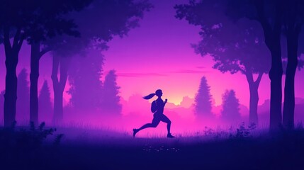 Fototapeta premium Silhouette of a runner in a serene forest at twilight surrounded by vibrant purple and pink hu
