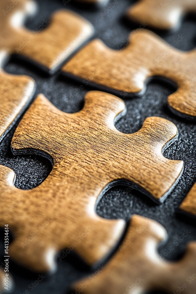 Poster Close-up view of wooden puzzle pieces arranged on a dark surface emphasizing texture and detail : Generative AI