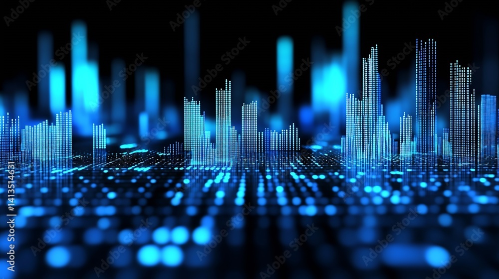 Leinwandbilder A stunning digital landscape with glowing blue bar graphs and sound waves representing data visualization : Generative AI