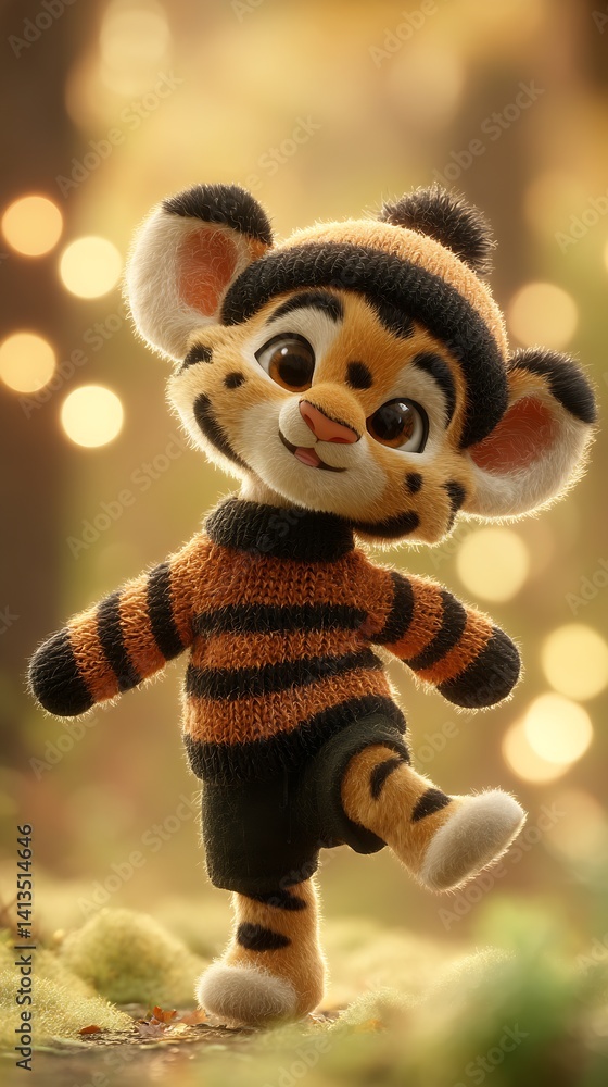 Poster cute and charming cartoon tiger character in a playful pose wearing stylish clothes against a blurre