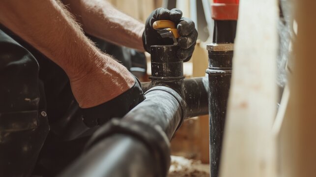 Construction worker laying pipes for plumbing system installation. Featuring technique and precision