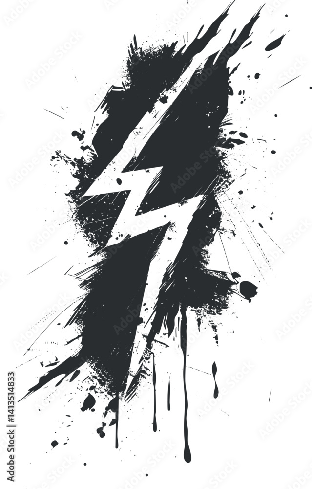 Poster dynamic lightning bolt graphic with splashes and abstract design elements for creative use.