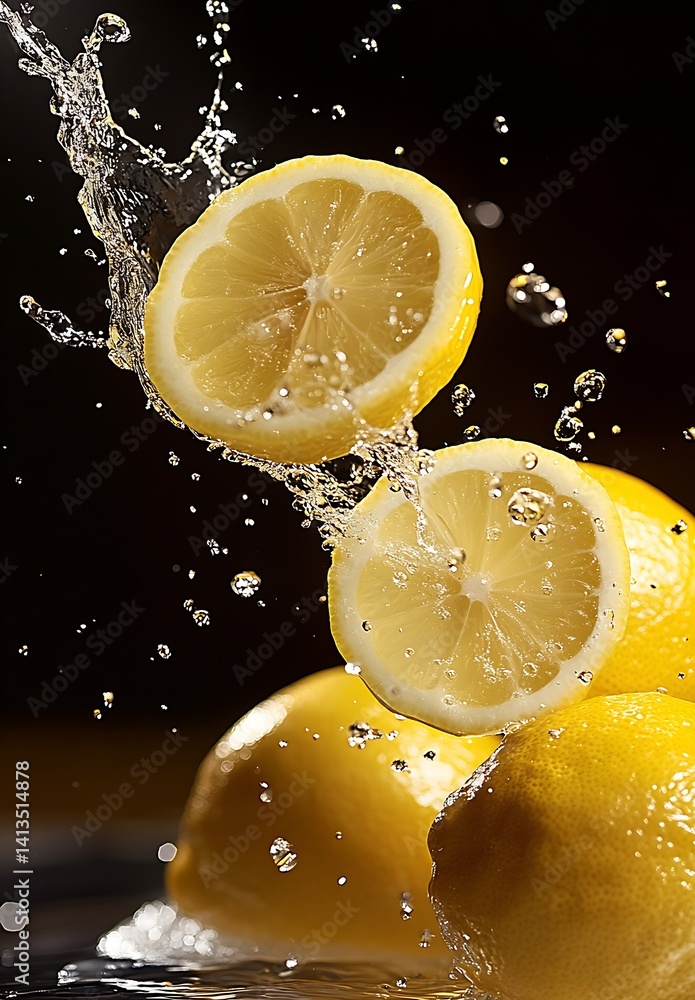 Poster fresh lemons splashing in water with droplets highlighting their juicy texture and vibrant yellow co