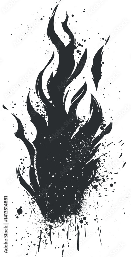 Poster an abstract black flame design with splashes and dynamic shapes representing energy and heat.