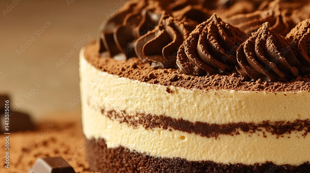 Poster decadent chocolate cake with rich cream and cocoa highlights tempting dessert lovers in an artistic 