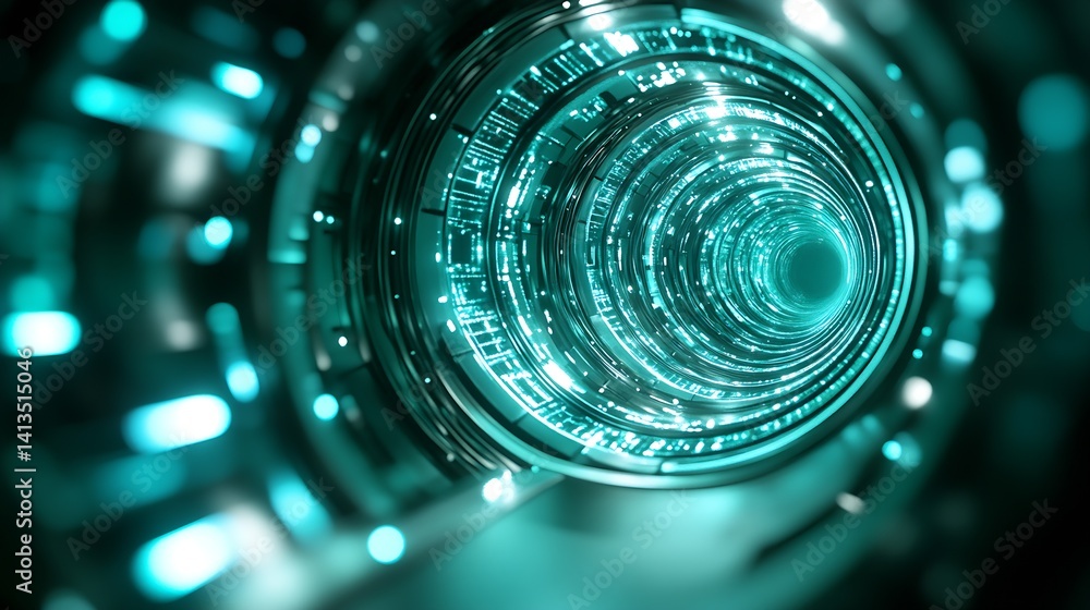 Poster Futuristic glowing tunnel showcasing intricate digital designs and bright cyan lights in a mesmerizing view : Generative AI