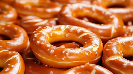 Several fresh pretzels are stacked together, featuring golden-brown crusts and visible salt granules on their surfaces, filling the frame.