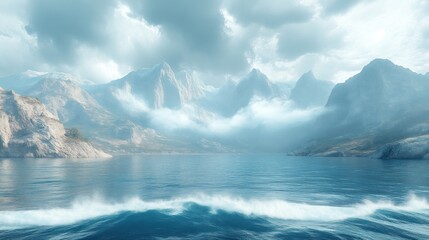 Fototapeta premium Misty Mountain Lake Landscape Calm Water Dramatic Peaks Serenity Nature Background