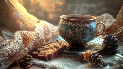 A warm cup of tea with spiced bread, nestled amongst cozy textiles and pine cones.
