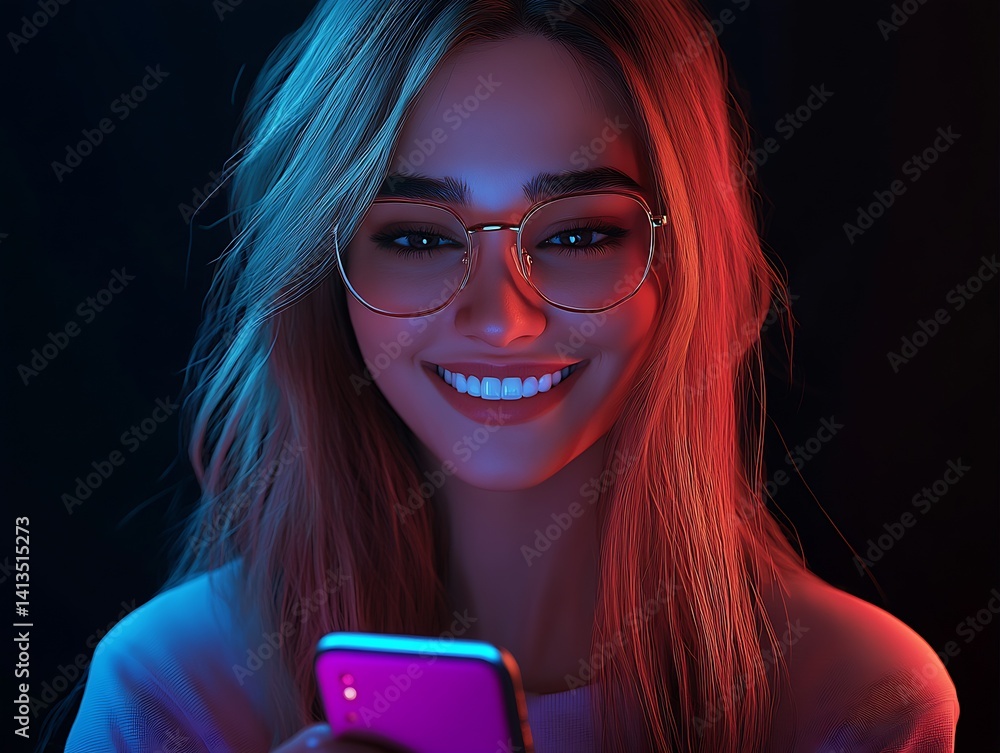 Poster Close up portrait of a smiling woman using a smartphone with a modern and vibrant lighting background : Generative AI