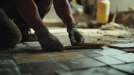 Construction worker laying tiles for floor installation. Featuring attention to detail and precision