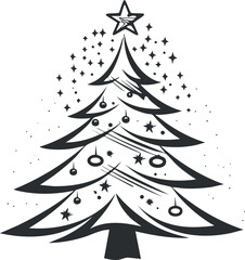 A decorative black and white illustration of a Christmas tree adorned with ornaments and a star.