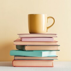 A yellow mug on a stack of pastel colored books against a light yellow wall