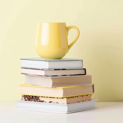 Fototapeta premium Yellow mug placed on a stack of books against a pale yellow background scene