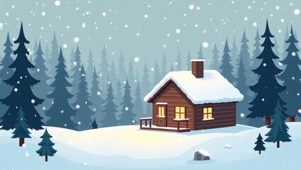 Fototapeta premium Cozy Wooden Cabin with Snowy Roof and Glowing Windows in Snow-Covered Pine Forest During a Snowstorm
