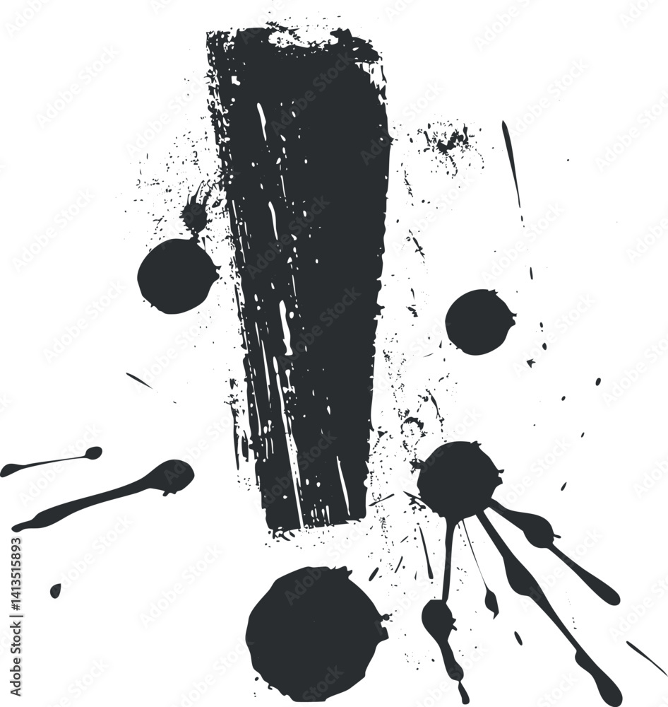 Aufkleber an abstract black ink splash creating an exclamation mark design on a white background.