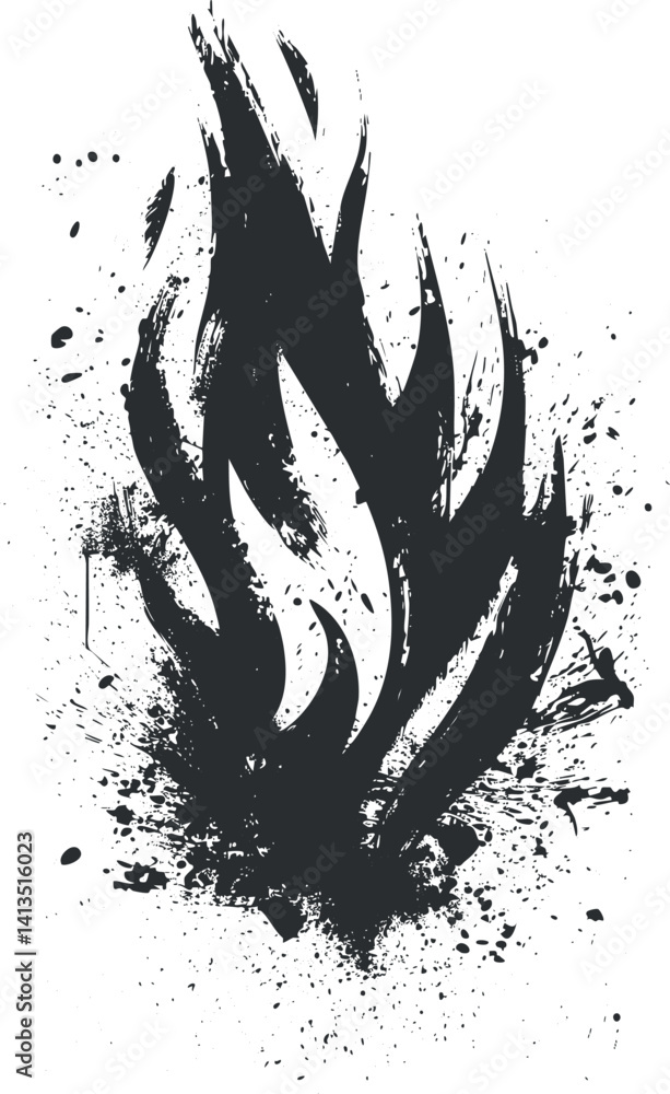 Poster an abstract black flame design showcasing energy and intensity with splashes and texture.