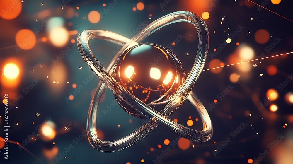 Aufkleber Abstract Artistic Representation of an Atom Surrounded by Striking Glowing Orbs and Sparks : Generative AI