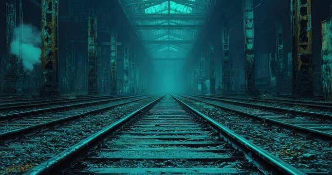 Mysterious teal train tracks tunnel
