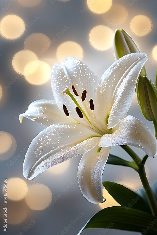 Aufkleber beautiful white lily flower with sparkling details and soft background bokeh lights for a floral mas