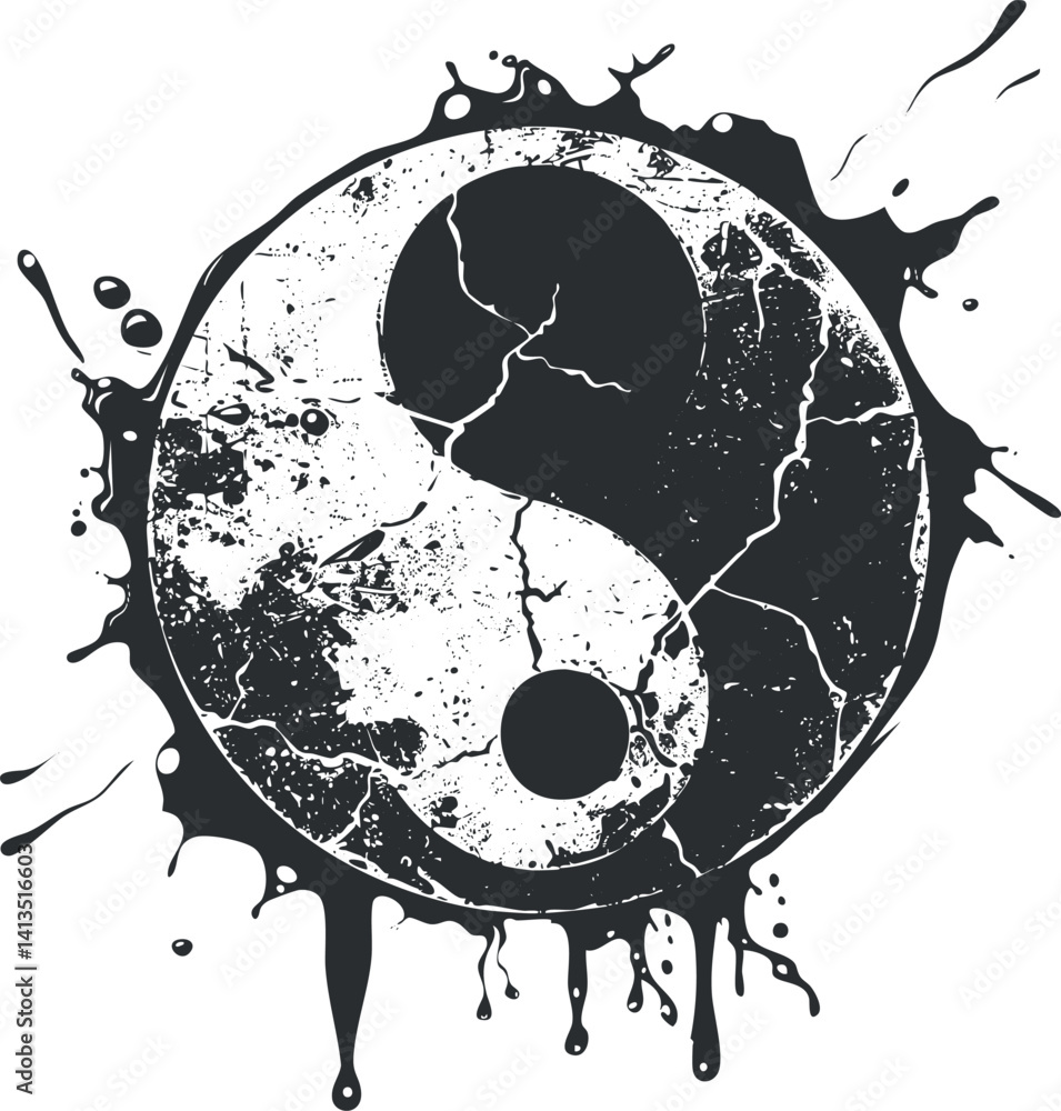 Poster yin yang symbol with splatter effect representing balance and harmony in a modern design.