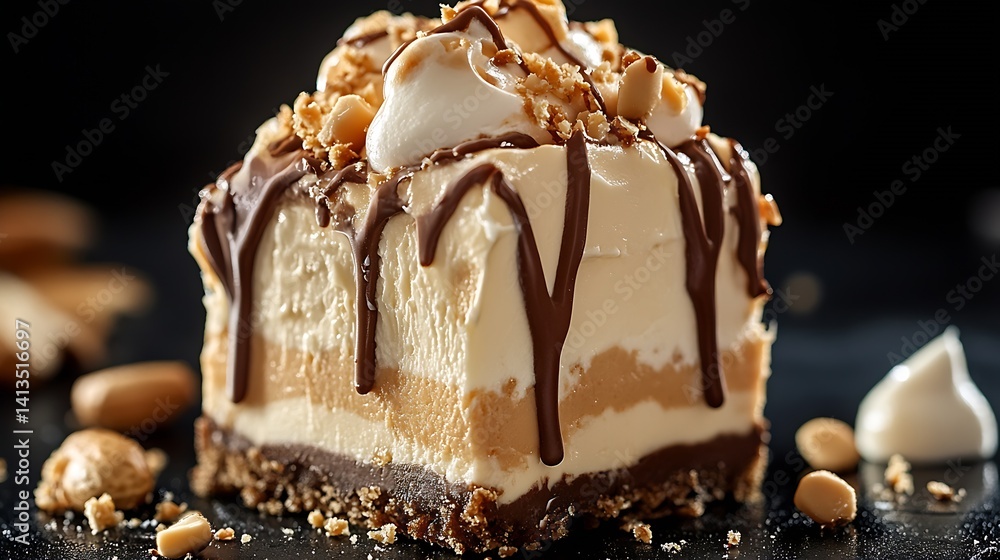 Poster delicious layered dessert with chocolate drizzle and crushed nuts on top in dark background : genera