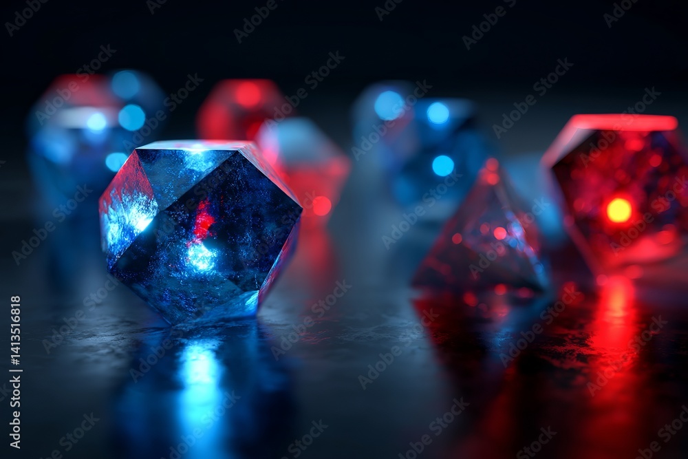 Poster illuminated geometric shapes casting reflections in blue and red on a dark surface backdrop scene
