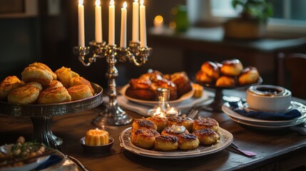 Naklejka premium A table set with latkes, sufganiyot, and dreidels for a Hanukkah feast --ar 16:9 --v 6.1 Job ID: 6a99a6e6-6c34-4067-a180-8752c4407468