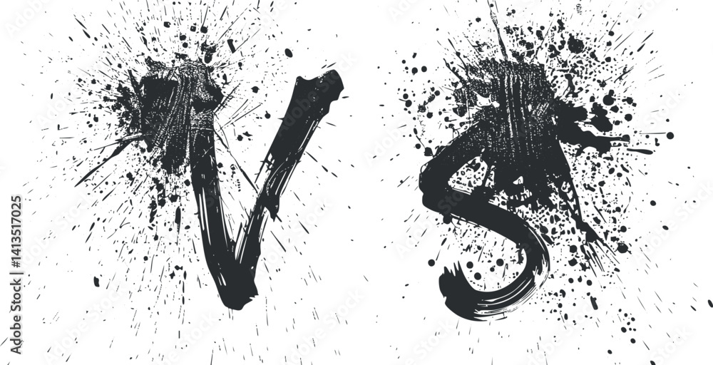 Poster dynamic vs graphic with ink splashes representing competition and conflict in design.