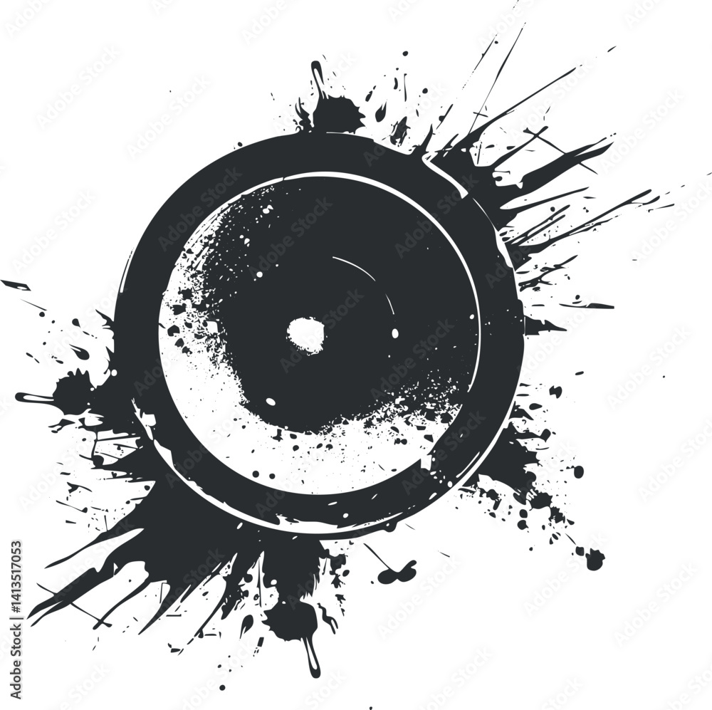 Poster an abstract black and white illustration of a speaker with splashes and dynamic elements