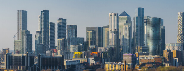Panoramic view of Canary Wharf in London, showcasing One Canada Square and other skyscrapers...
