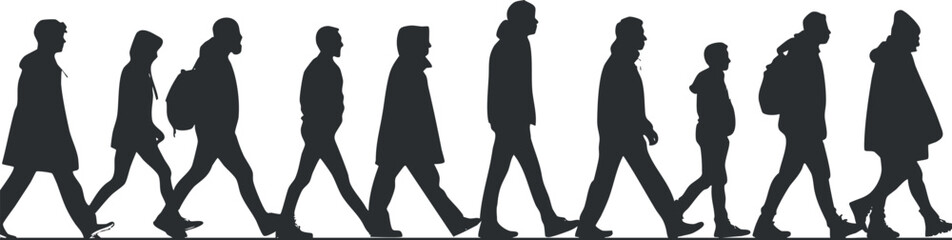 Silhouettes of diverse people walking in a line showcasing different ages and styles.