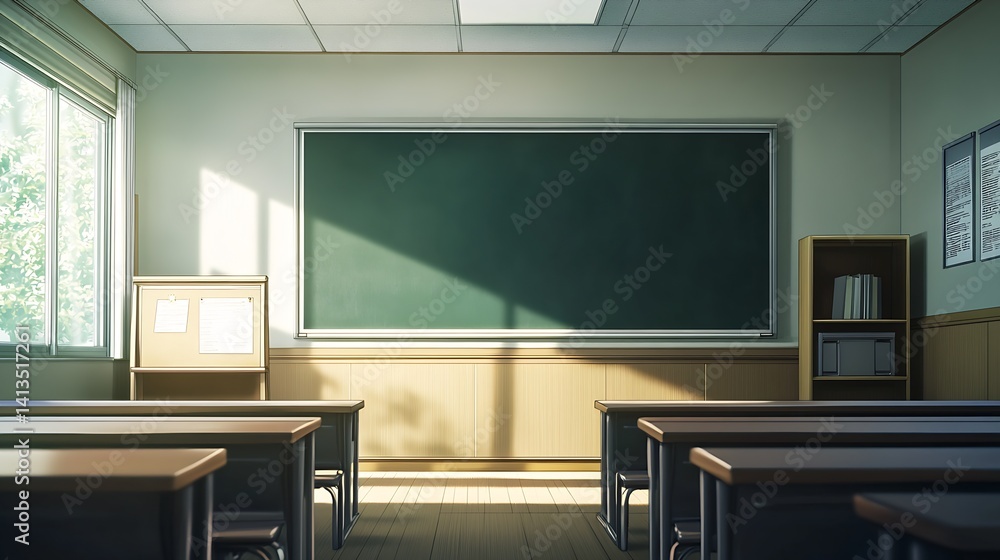Aufkleber bright and inviting classroom interior with sunlight pouring through windows and an empty blackboard