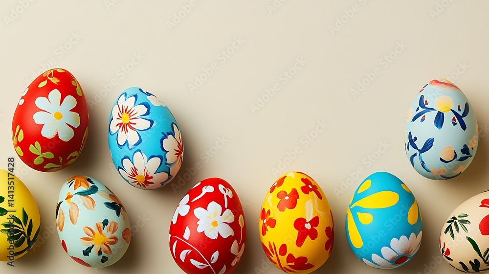 Poster colorful easter eggs with bright floral patterns set against a neutral background : generative ai