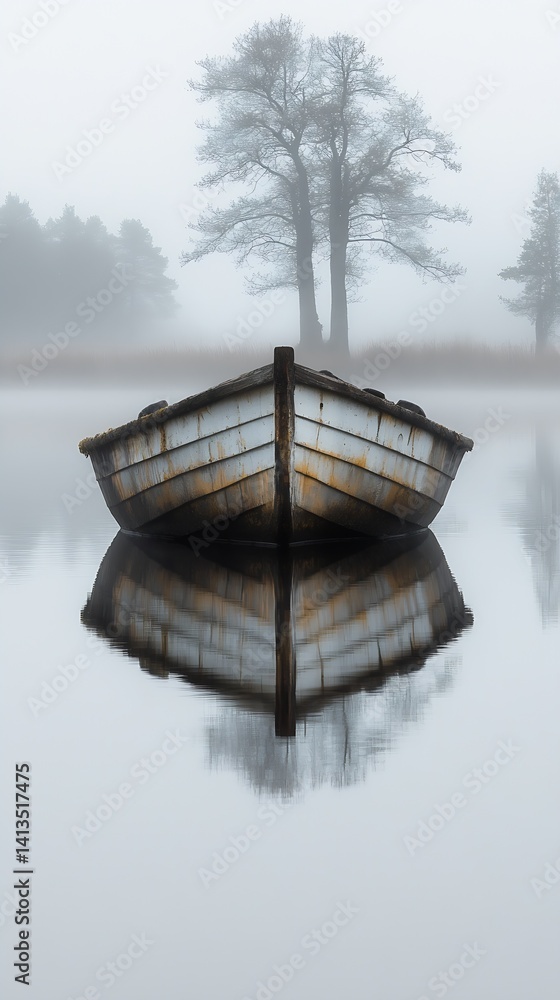 Poster Calm Misty Scene Featuring a Rustic Boat Reflected in a Tranquil Water Surface Surrounded by Trees : Generative AI
