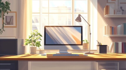 Sunlit Home Office with Modern Computer Setup and Greenery