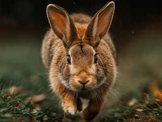 Fototapeta premium A close up shot of a brown rabbit running towards the camera in a grassy field