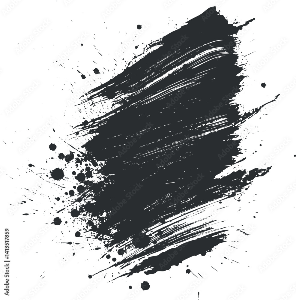 Poster a dynamic black brushstroke with splashes and texture for creative design and artistic expression.
