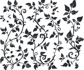 Intricate black silhouette of floral vines and leaves creating an elegant decorative pattern.