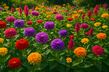 Obraz premium A vibrant garden filled with colorful zinnia flowers in full bloom under the bright sunlight outdoors