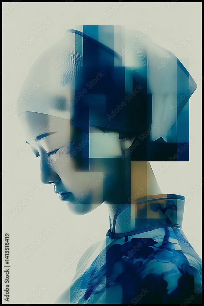 Aufkleber Artistic Portrait of a Woman with Abstract Geometric Colors and Shapes Creating a Unique Look : Generative AI