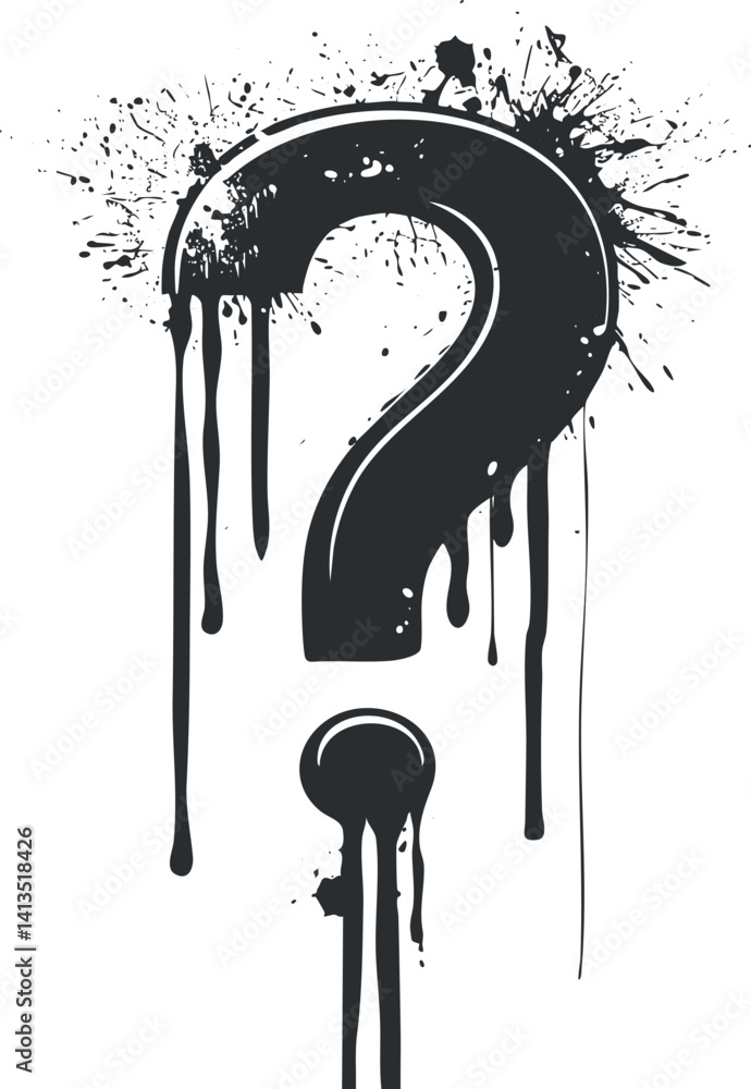 Poster a bold and artistic representation of a question mark with paint splashes and drips.