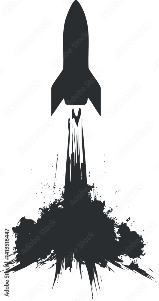 Poster a stylized rocket silhouette launching with dynamic splashes representing speed and power.